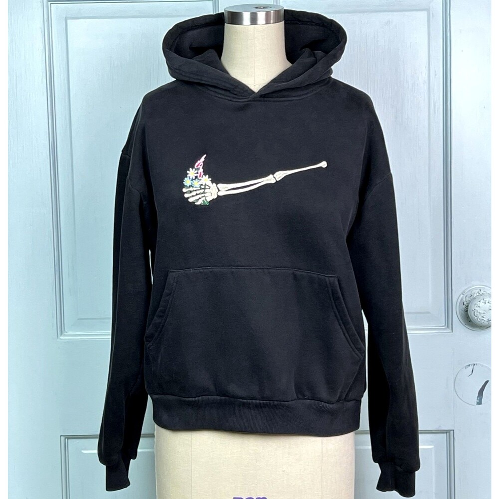 Skeleton Swoosh Arm Embroidered Upcycled Black Hoodie Flowers Women's Size Small